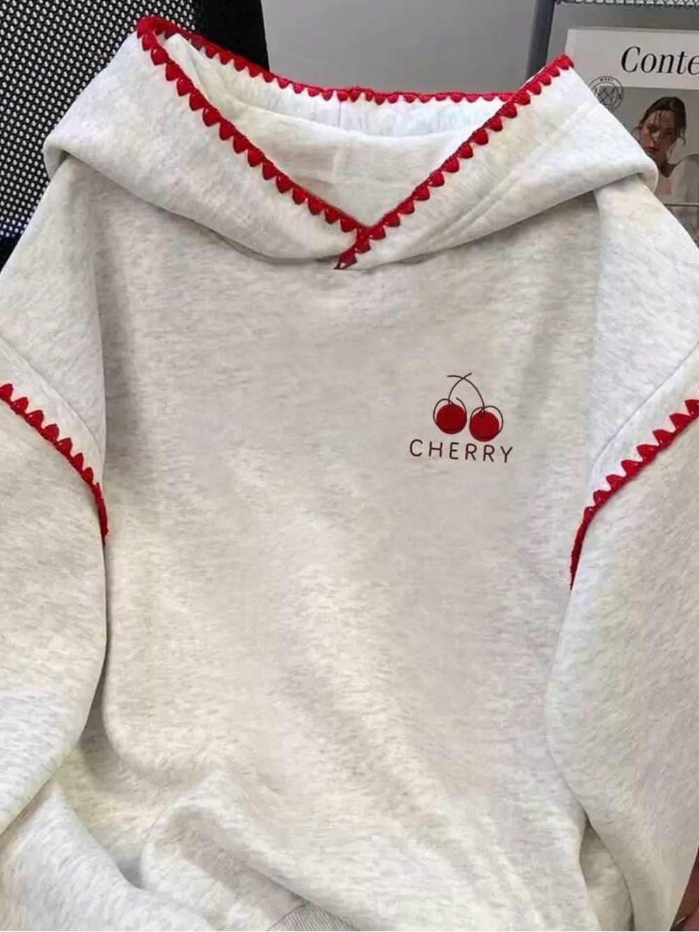 SHEIN GREY CHERRY EMBROIDERED HOODED SWEATSHIRT